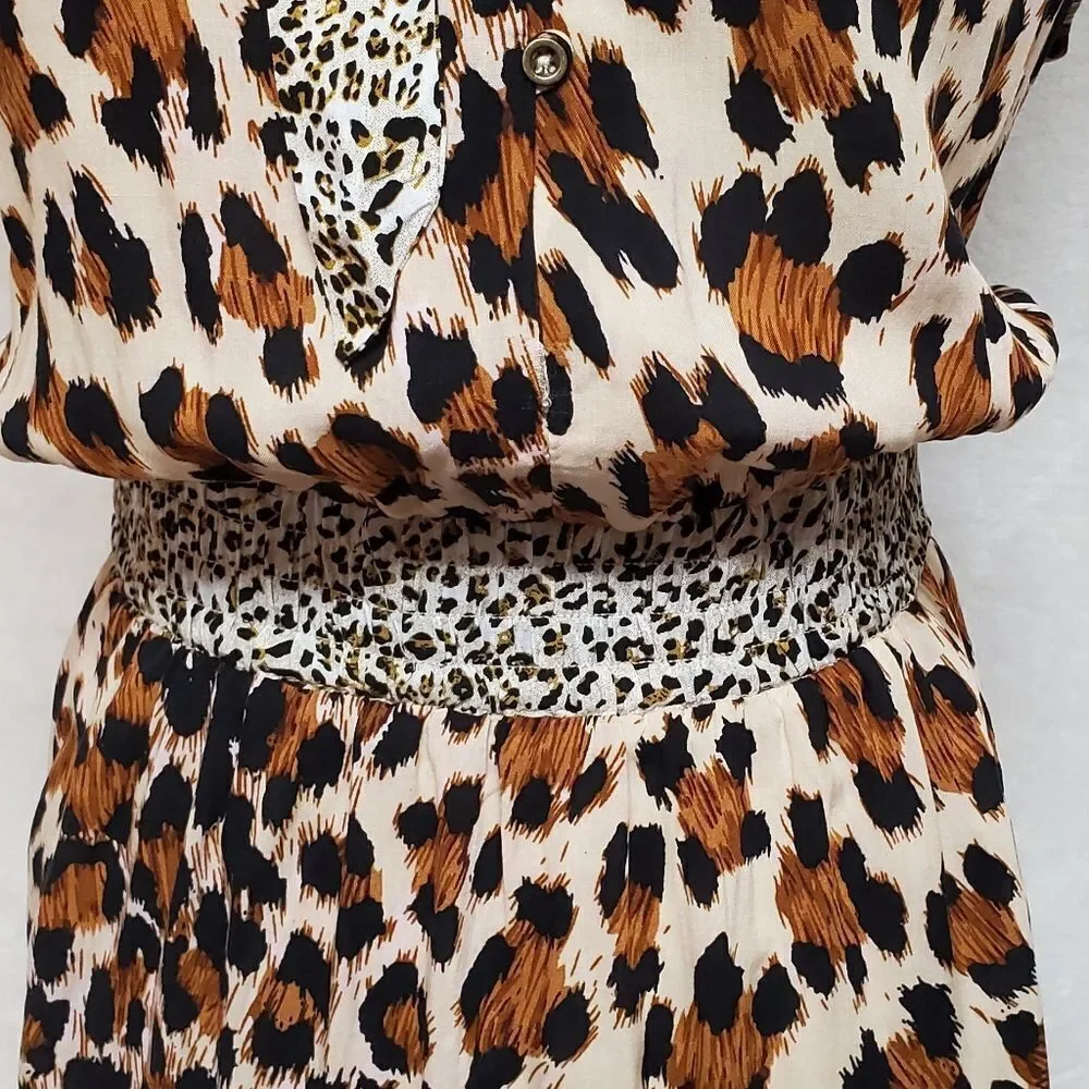 LEOPARD Cheetah Print Tie-Neck Smocked Waist Sleeveless A-line Mini Dress Large